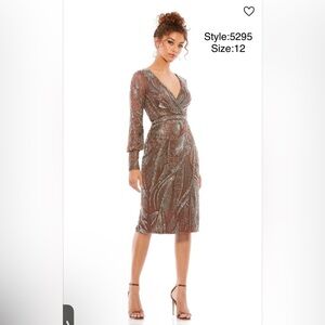 Beaded long sleeve wrap over midi dress